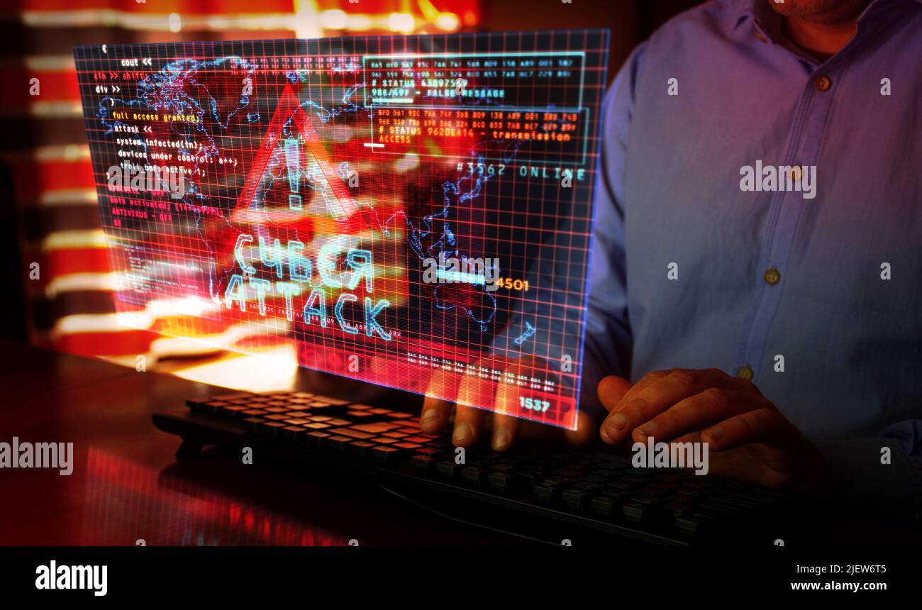 Cyberattack on computer screen. Cyber attack, security breach and russian hacker abstract concept 3d with glitch effect. Man typing keyboard. Stock Photo