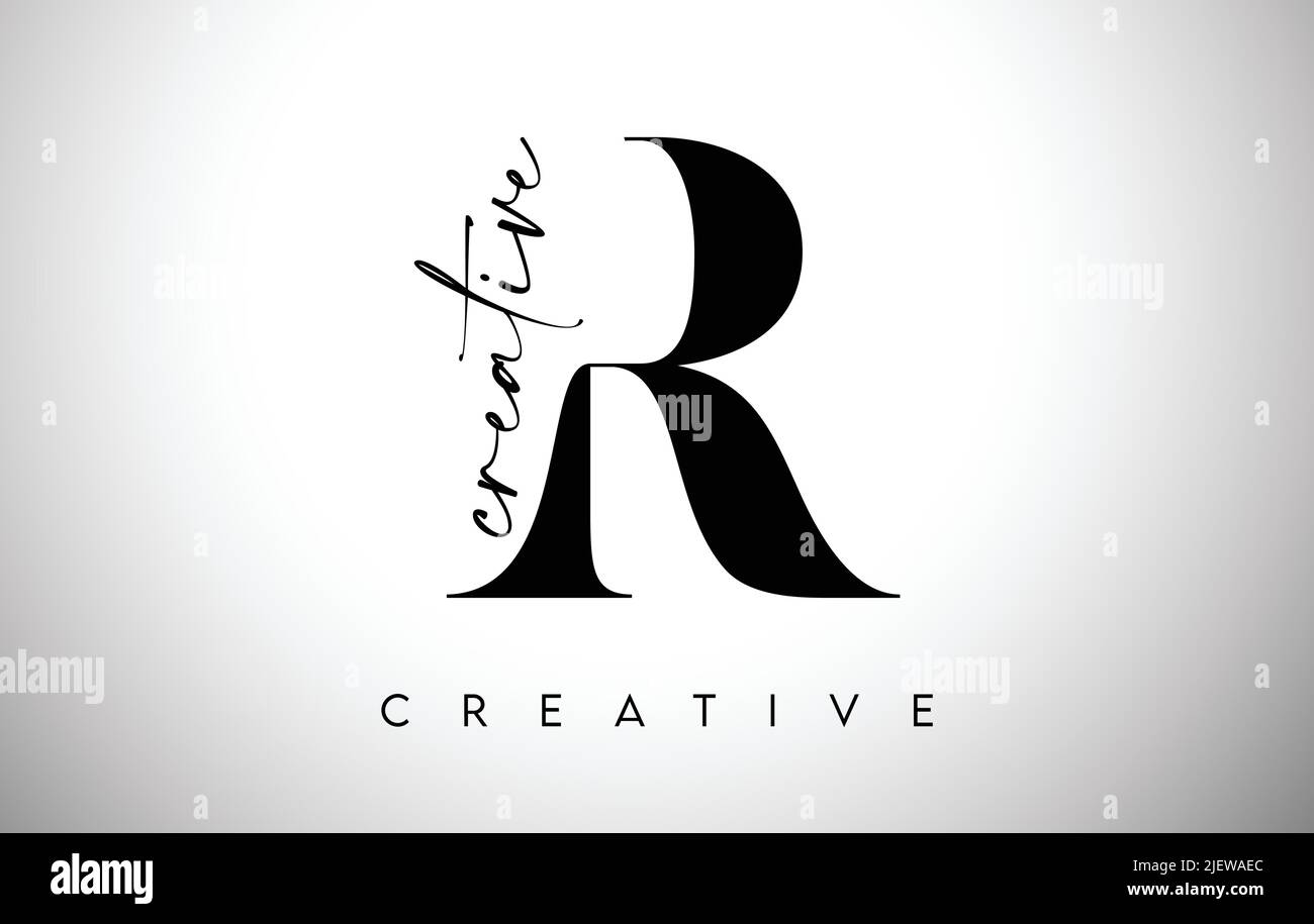 R Letter Design with Creative Cut and Serif Font in Black and White ...