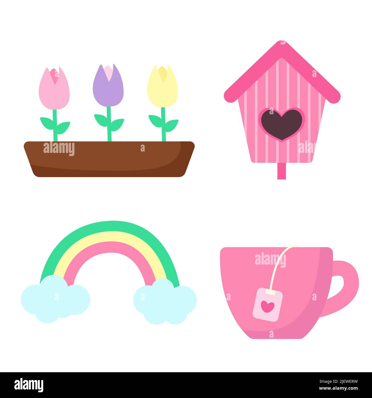 Set of spring elements. Flowers in pot, bird house, rainbow and cup with tea. Print for sticker pack, clothes, textile, seasonal design and decor Stock Vector