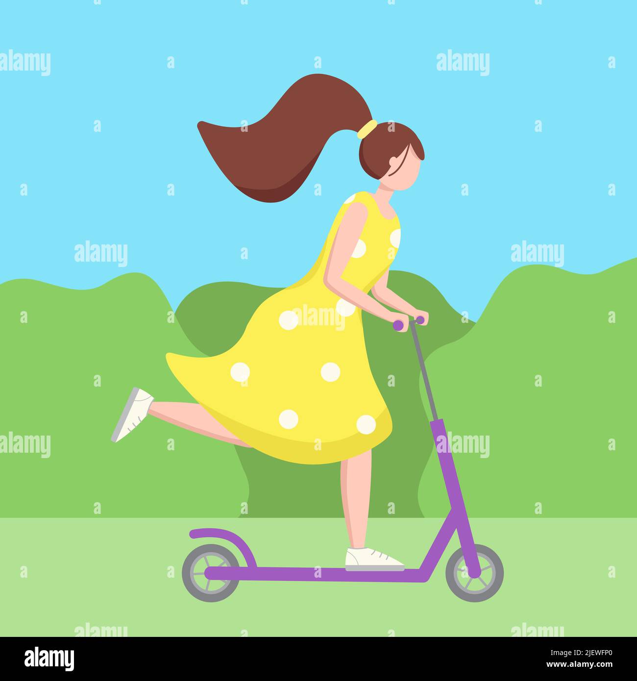 Young woman with beautiful brown hair riding kick scooter. Nice girl in yellow dress. Sports outdoor activity, active vacation. Personal electric and Stock Vector