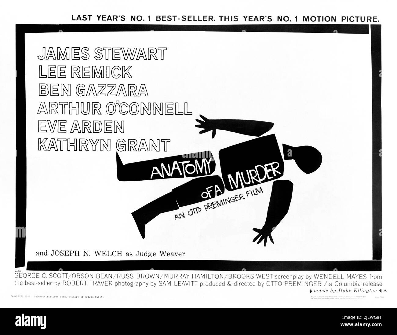 Vintage Film Poster for - Anatomy of a Murder -  Otto Preminger's 1959 Thriller staring James Stewart, Lee Remick, Ben Gazzara. Columbia Pictures Stock Photo