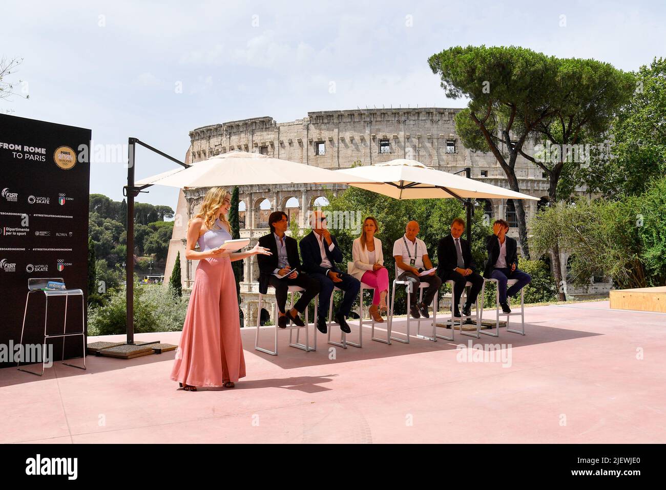 Rome, Italy. 28th June, 2022. panoramic with the background of the Colosseum during the presentation conference of the World Street Skateboarding Rome 2022 at the Parco del Colle Oppio in Rome on June 28, 2022 Credit: Independent Photo Agency/Alamy Live News Stock Photo