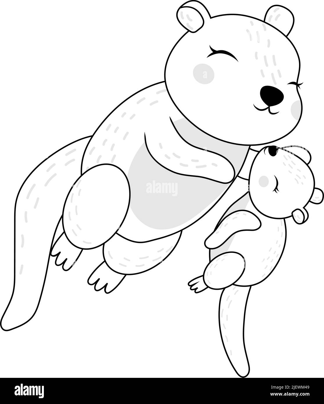 Black and White Otters Clipart in Cute Cartoon Style. Beautiful Clip Art Otter Swims With Baby Coloring Page. Vector Illustration of an Animal for Stock Vector