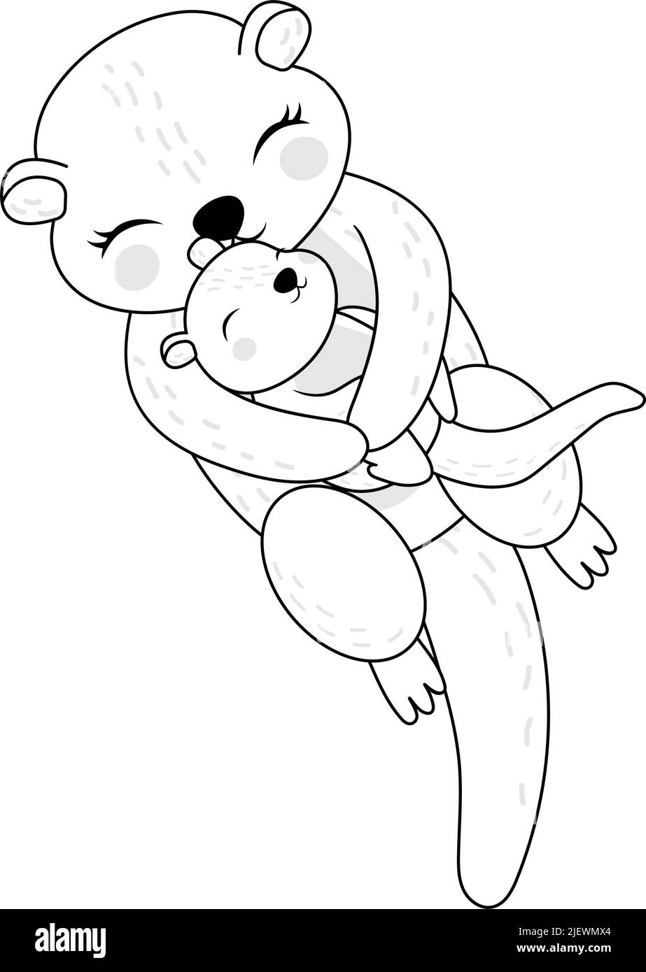 Otters Clipart Coloring Page in Cute Cartoon Style Beautiful Clip Art Otter Hugging a Baby Black and White. Vector Illustration of an Animal for Stock Vector