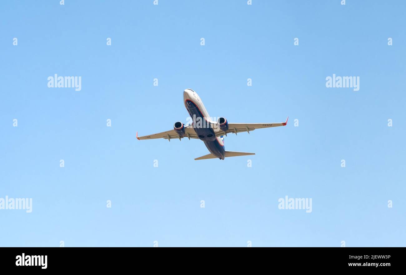Sochi, Russia - April 22 , 2022: Aeroflot aircraft in the sky. Stock Photo