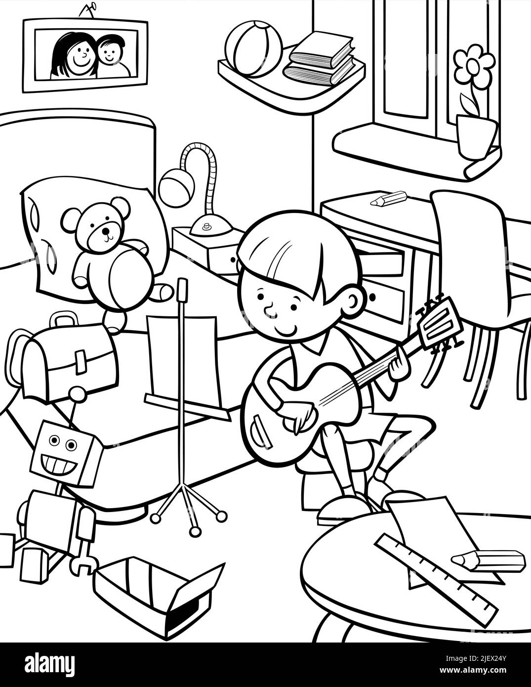 Black and white cartoon illustration of boy playing guitar in his room coloring page Stock Vector