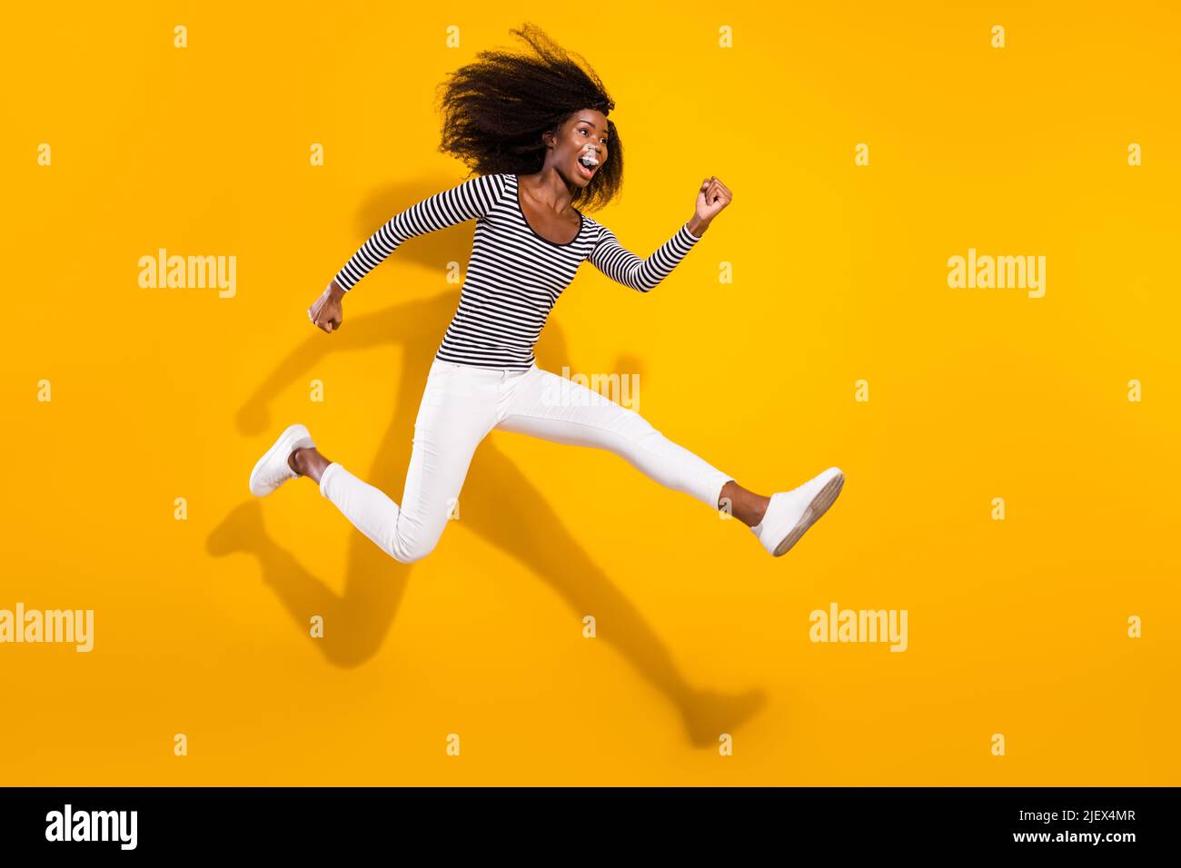 Full length body size side profile photo woman jumping up running on