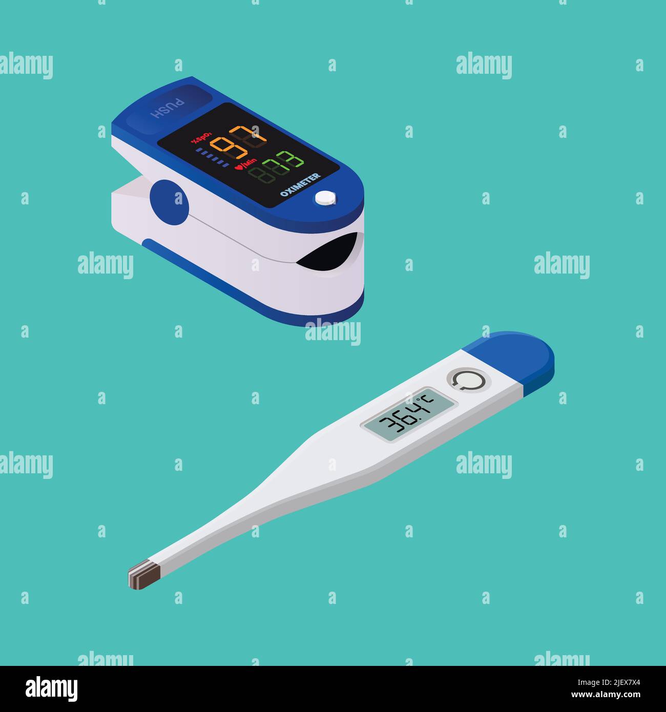 Fingertip oximeter and Digital thermometer isometric. Flat style. Vector illustration Stock Vector