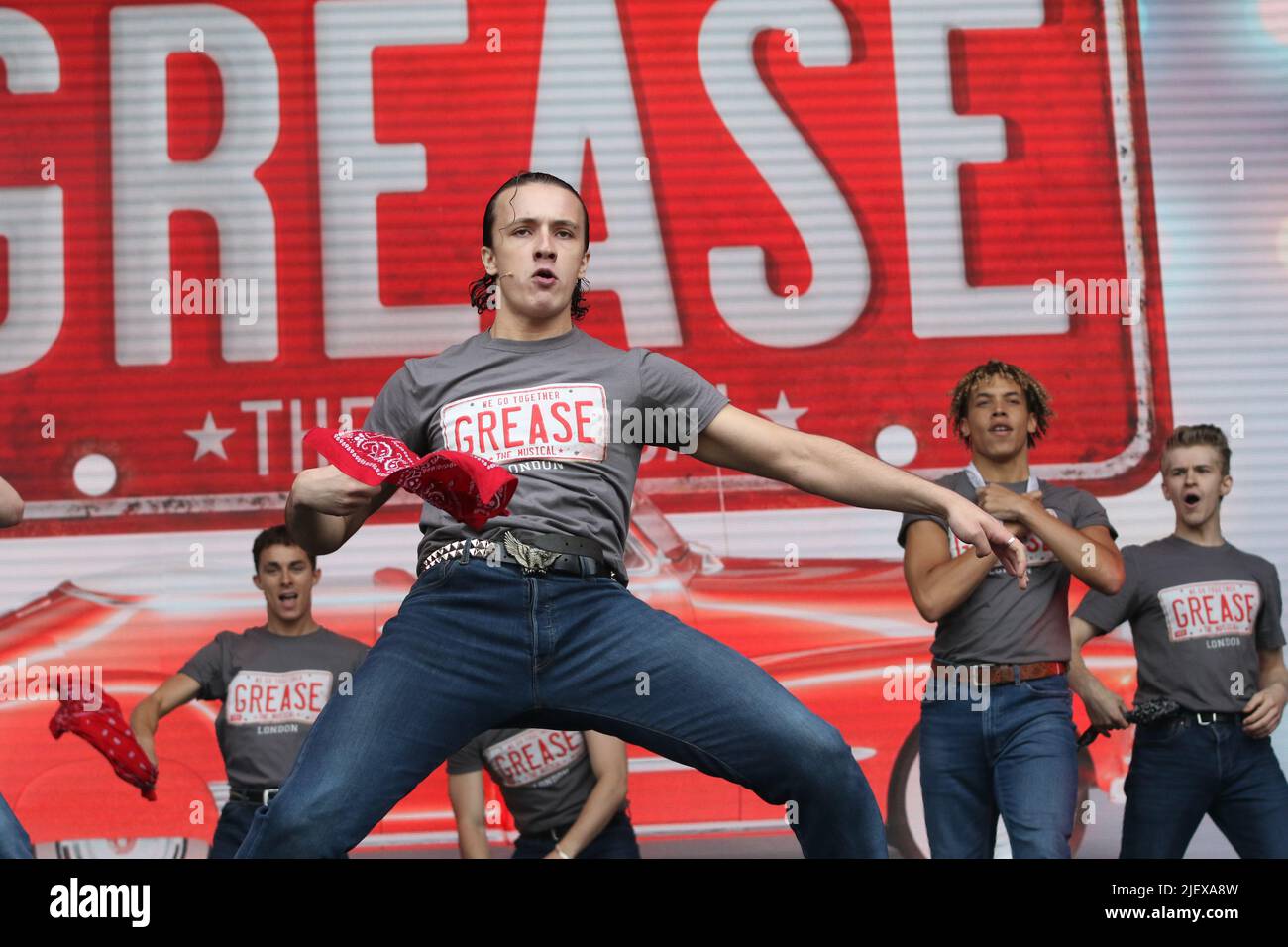 Paul French, who plays Kenickie in Grease the musical at West End Live in Trafalgar Square 2022. Stock Photo