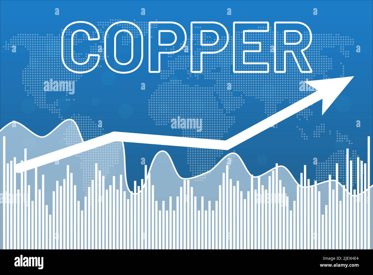 Copper market price graph on blue finance background with chart, map