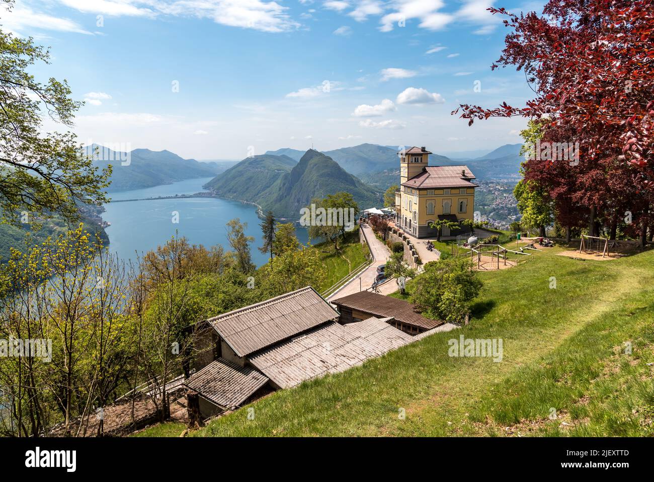 Spring landscape from Mount Bre, with view of lake Lugano, range of ...
