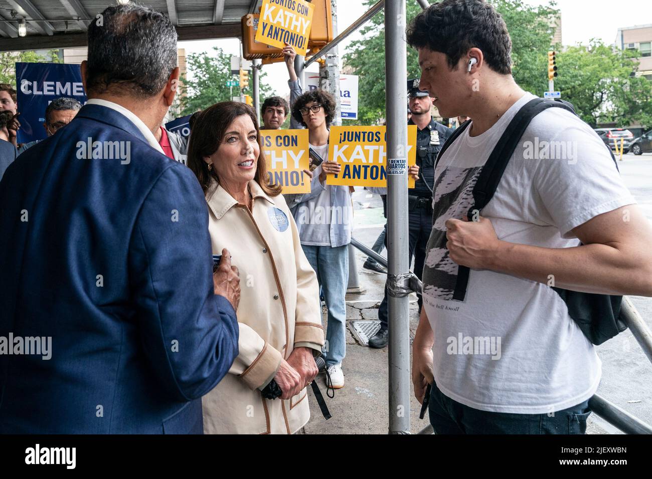 New York, United States. 27th June, 2022. Governor Kathy Hochul greets  young boy during campaign stop alone with Lieutenant Governor Antonio  Delgado in Washington Heights. Antonio Delgado is running for Lieutenant  Governor