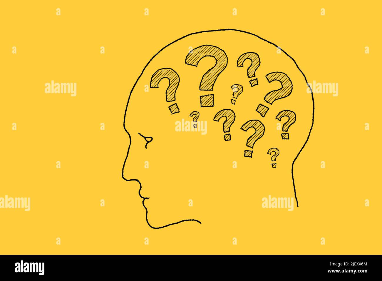 Human head with question marks inside. Illustration on yellow background. FAQ Stock Photo