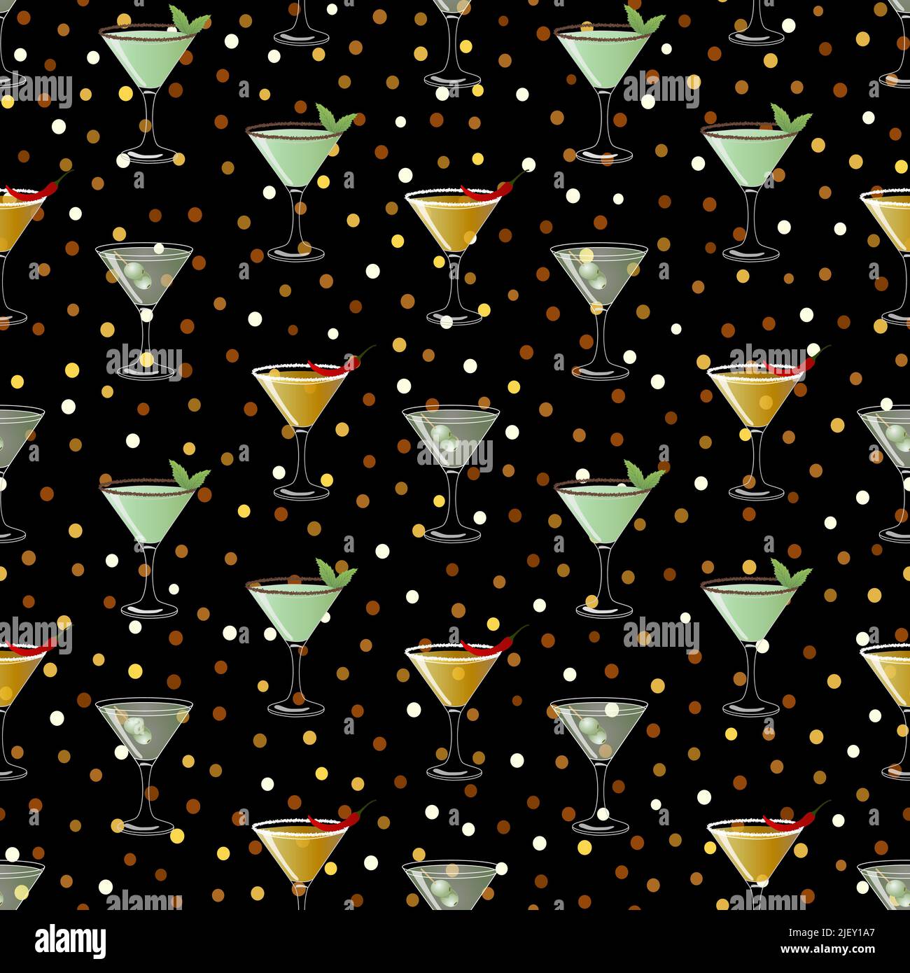 Seamless vector holiday pattern with different cocktails and confetti Stock Vector