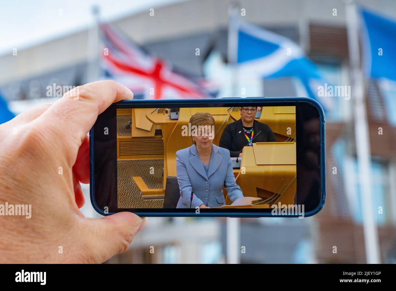 Edinburgh, Scotland, UK. 28 June 2022.  First Minister of Scotland Nicola Sturgeon makes statement to Scottish Parliament outlining her plans to hold another independence referendum in Scotland. Iain Masterton/Alamy Live News Stock Photo