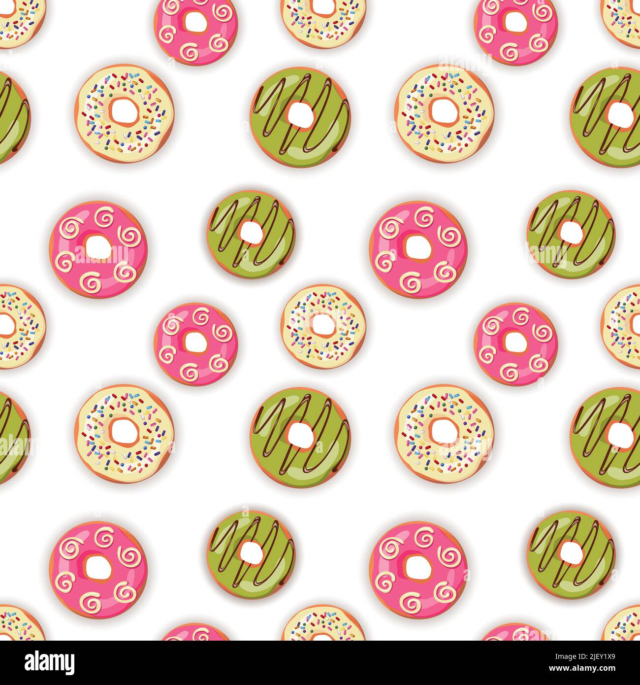 Seamless vector pattern of colorful hand drawn donuts, flat lay Stock Vector