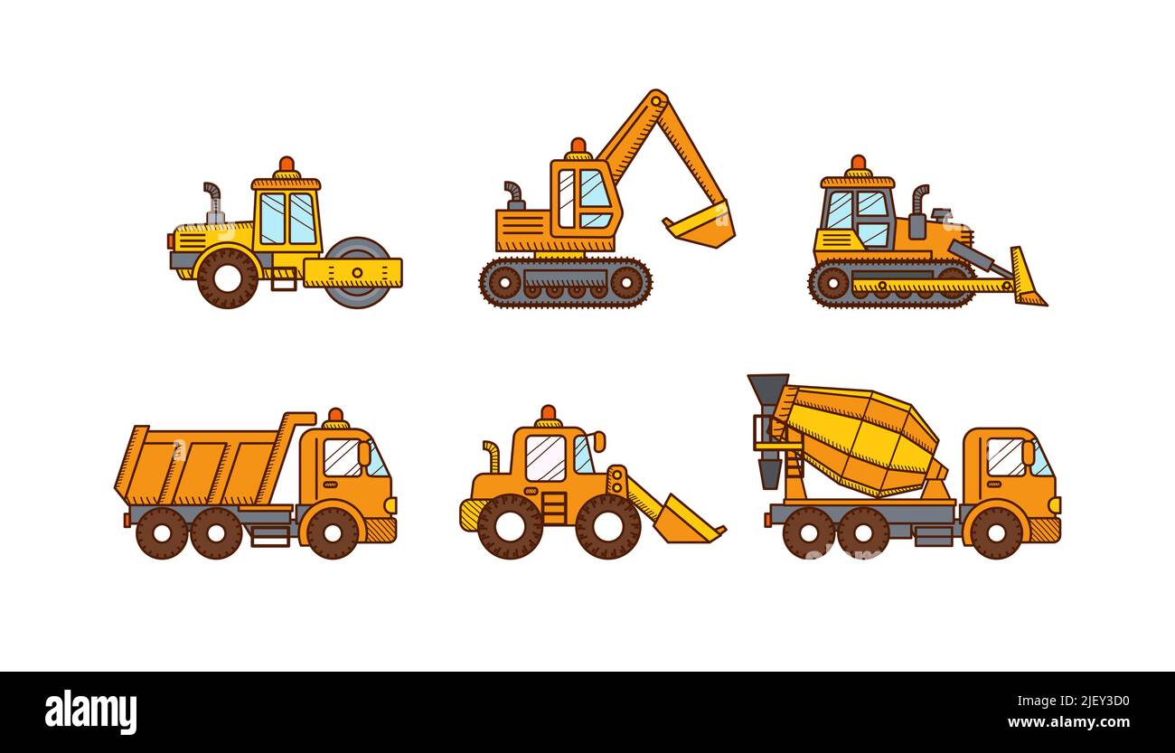 Cars mixer truck, excavator, road roller, truck Stock Vector Image