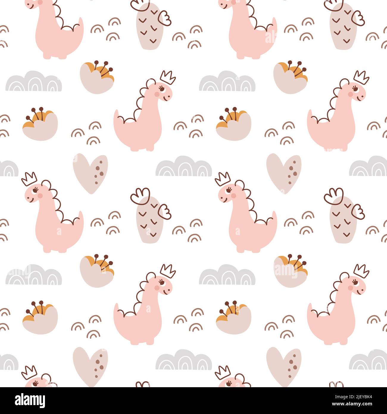 Hand drawn cute dinosaurs seamless pattern. Children pattern with girl ...