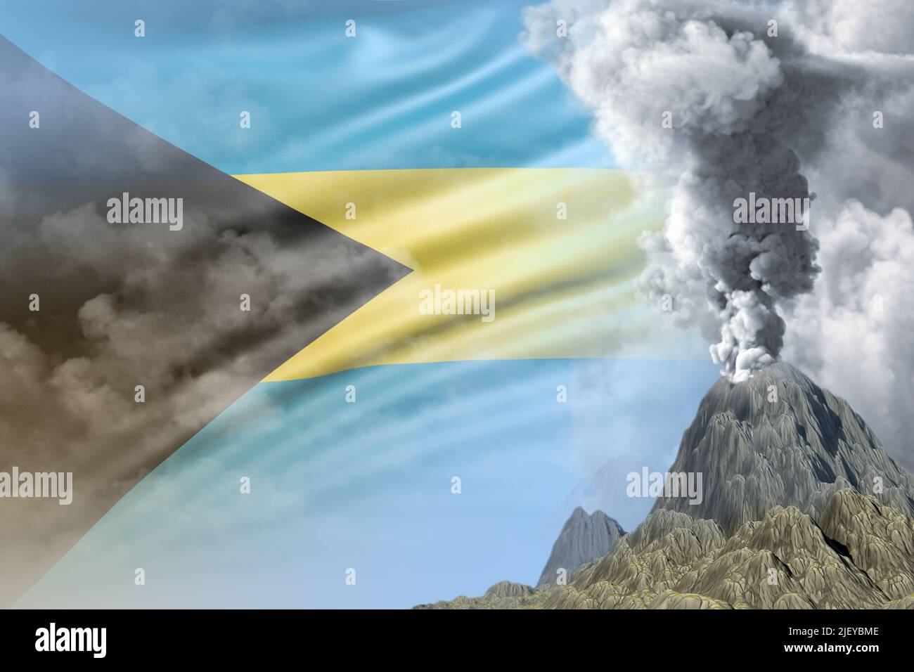 stratovolcano eruption at day time with white smoke on Bahamas flag