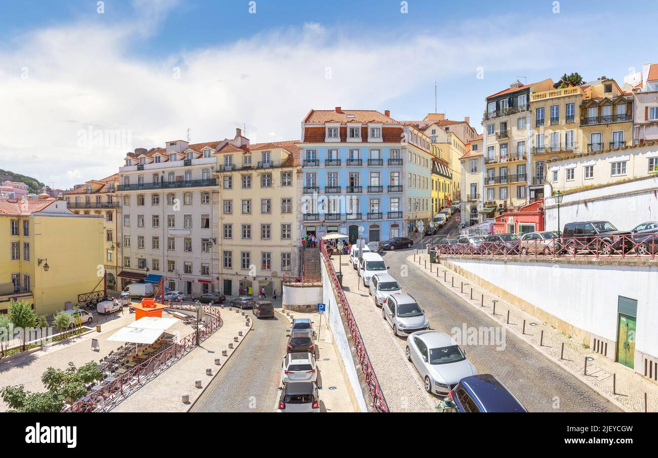 Calcada do Carmo street near the Rossio Railway Station. Lisbon, Portugal Stock Photo