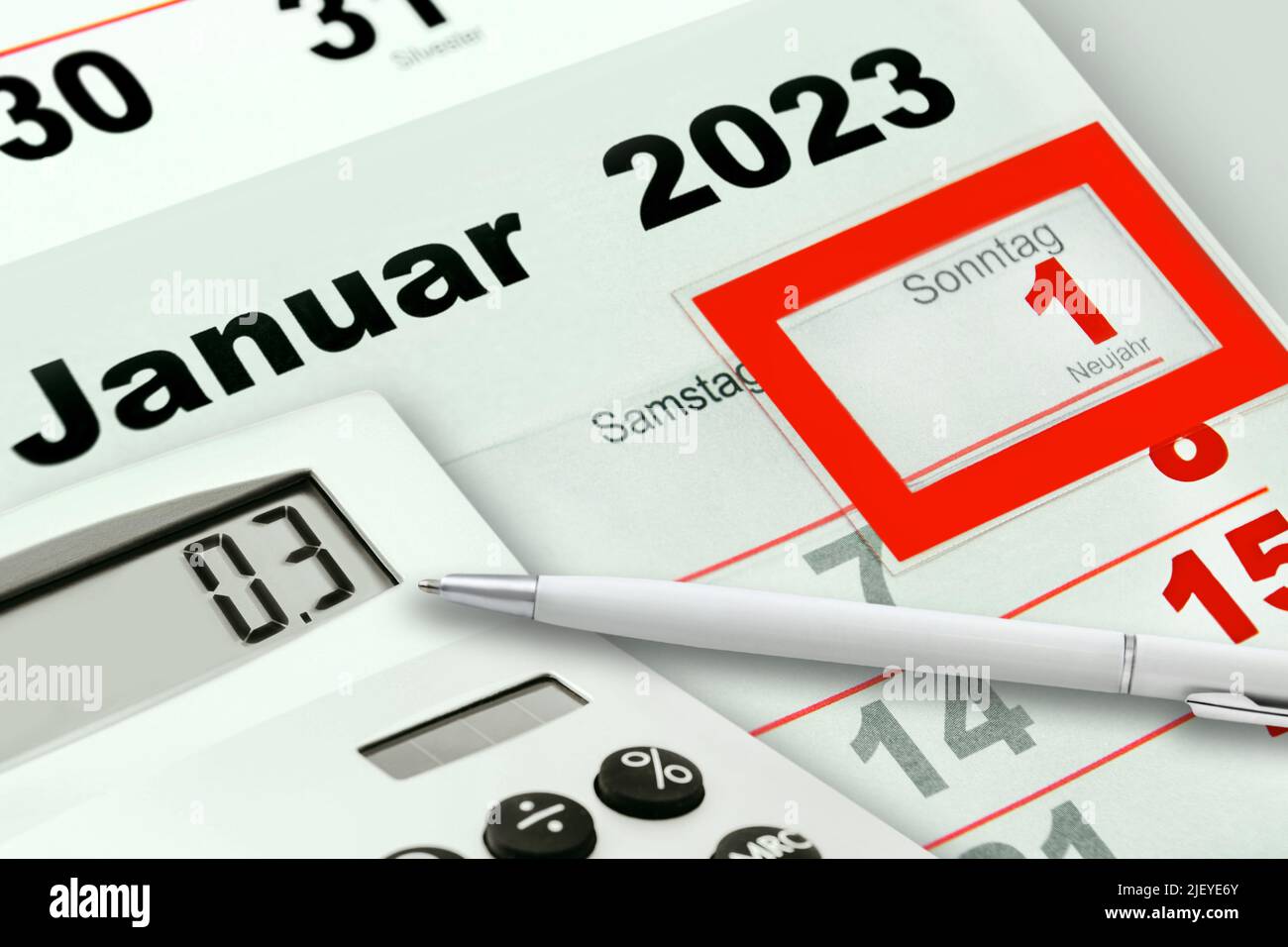 German calendar 2023 January 1 and calculator  0,3  Sunday Saturday New Year Stock Photo