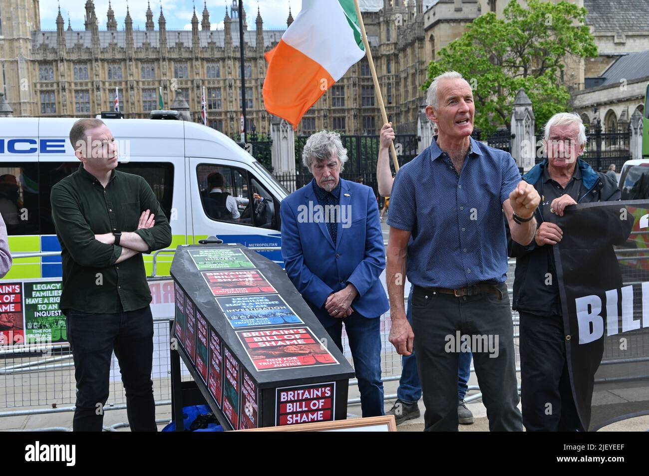 Parliament Square, London, UK, 28/06/2022, Speaker Frank Glynn for Time for truth & time for Justice! no to Say NO to Britain’s “Bill of Shame”  to stop the Bloody Sunday victims to seek justice at Parliament Square, Westminster, London, UK. - 28 June 2022. Stock Photo