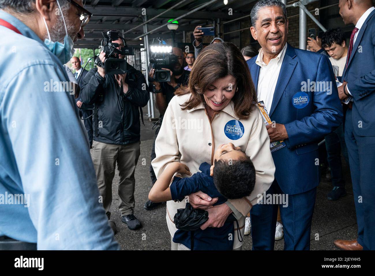 New York, United States. 27th June, 2022. Governor Kathy Hochul greets  young boy during campaign stop alone with Lieutenant Governor Antonio  Delgado in Washington Heights. Antonio Delgado is running for Lieutenant  Governor