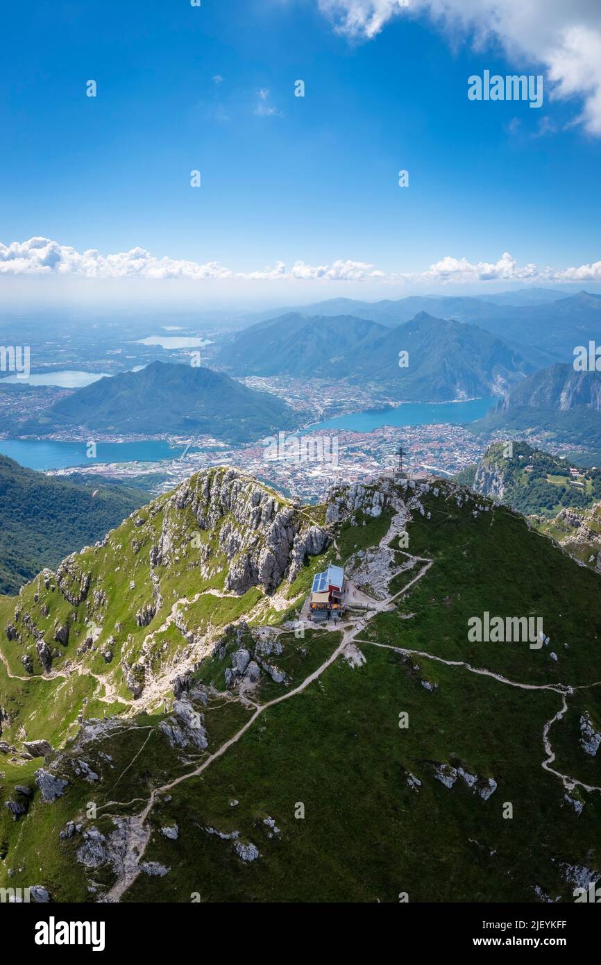 Aerial view of the top of Monte Resegone and Rifugio Azzoni. Lecco, Lombardy, Italy, Europe. Stock Photo