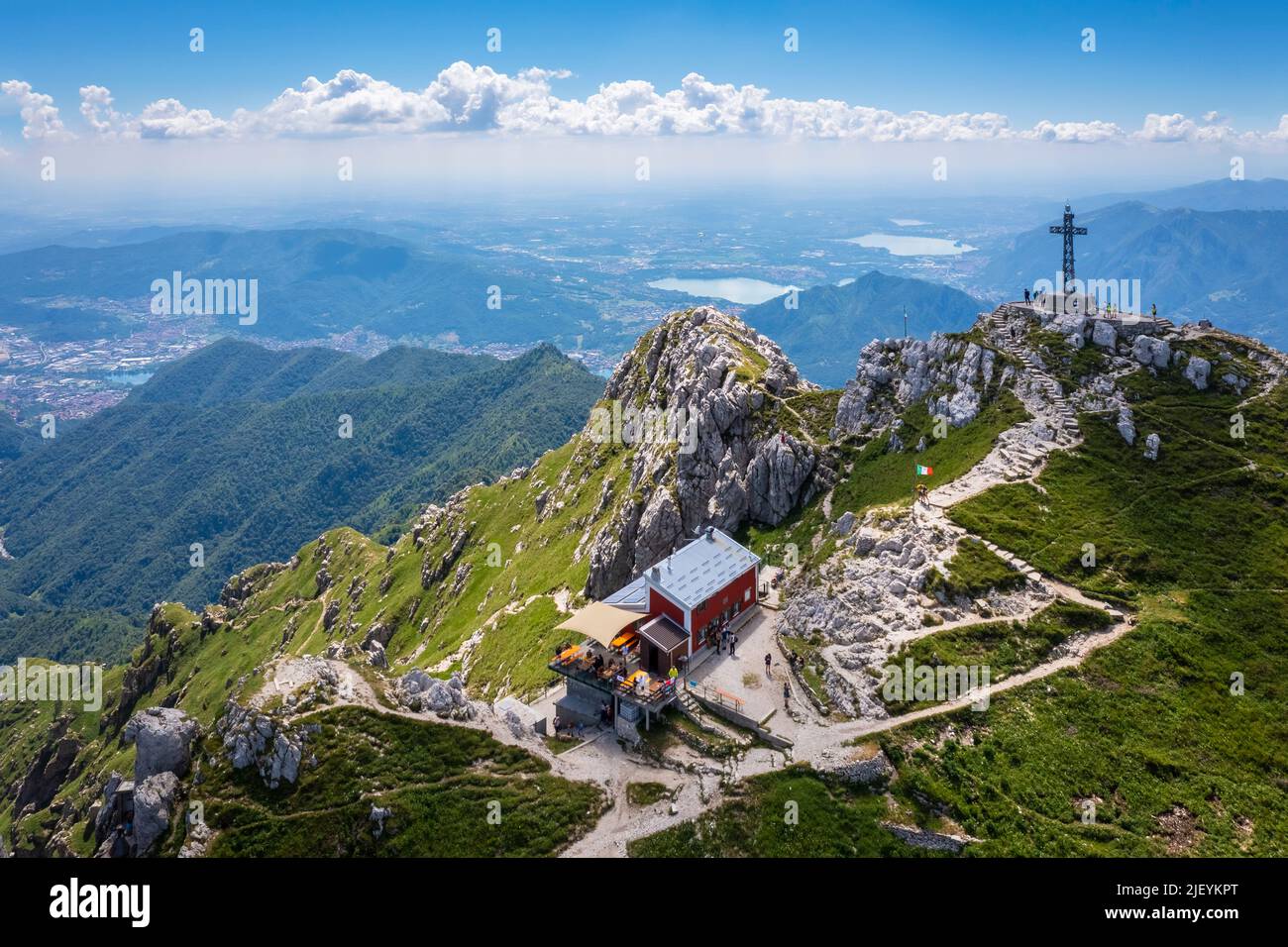 Aerial view of the top of Monte Resegone and Rifugio Azzoni. Lecco, Lombardy, Italy, Europe. Stock Photo