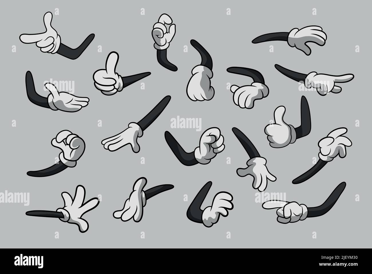 Retro Cartoon Gloved Hands Gestures. Cartoon Hands with Gloves Icon Set Isolated. Vector Clipart - Parts of Body, Arms in White Gloves. Hand Gesture Stock Vector