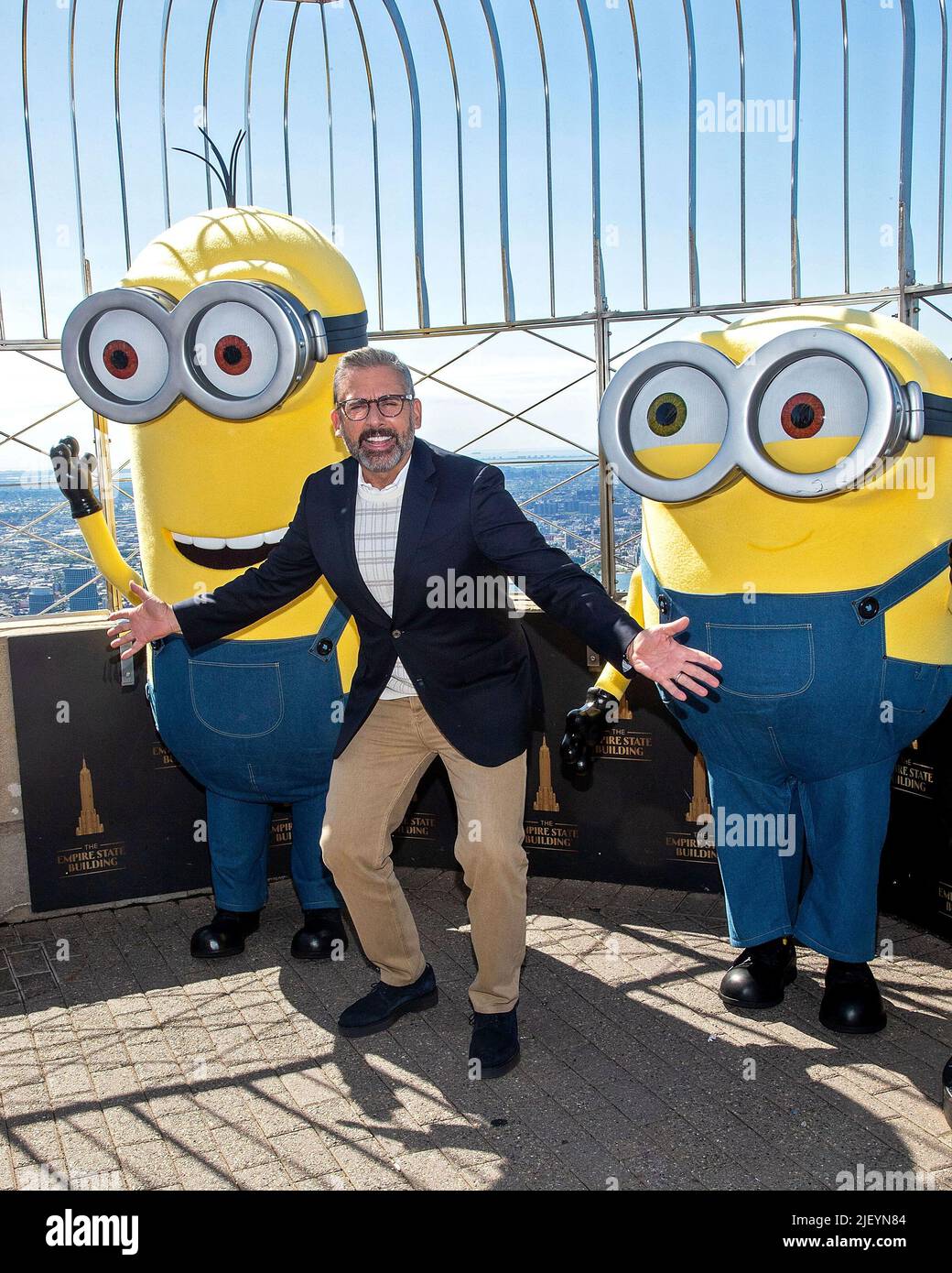 New York, NY, USA. 28th June, 2022. Kevin the Minion, Steve Carell, Bob the Minion celebrating the upcoming premiere of Minions: The Rise of Gru at The Empire State Building. Credit: Steve Mack/Alamy Live News Stock Photo