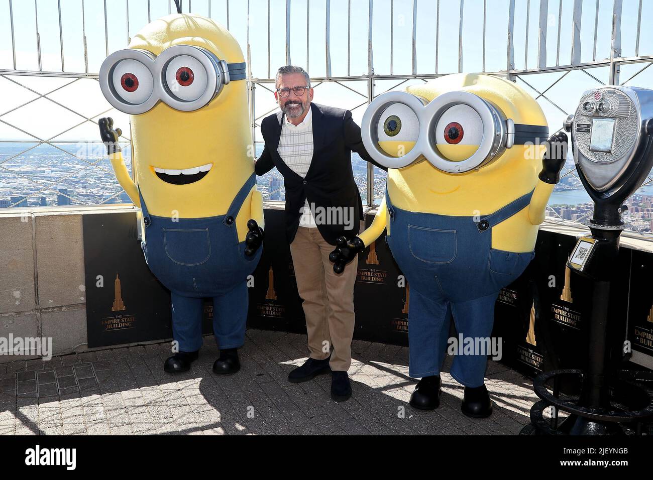 New York, NY, USA. 28th June, 2022. Kevin the Minion, Steve Carell, Bob the Minion celebrating the upcoming premiere of Minions: The Rise of Gru at The Empire State Building. Credit: Steve Mack/Alamy Live News Stock Photo