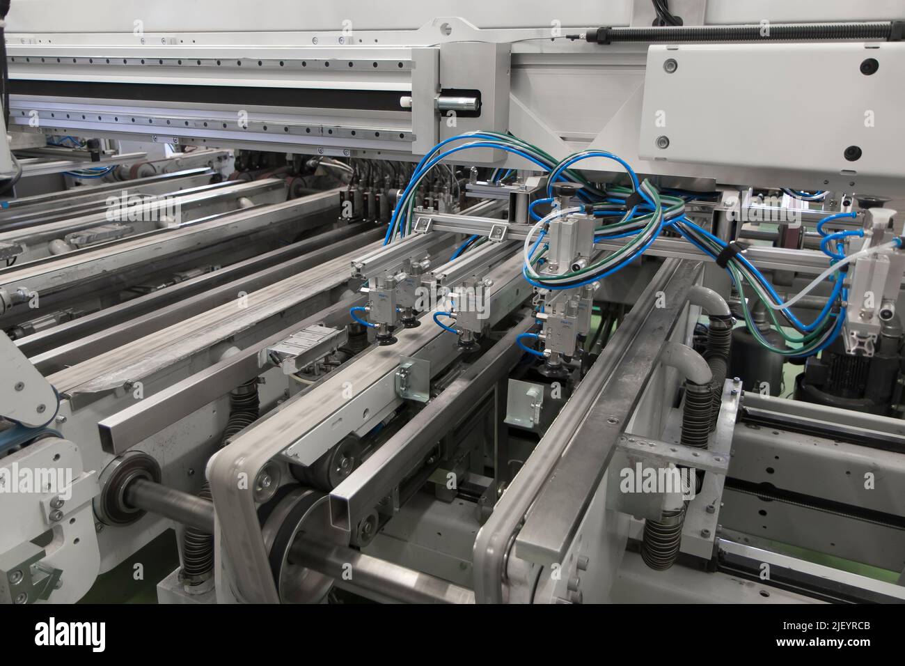 Close up detail of industrial machinery at work in a production line ...