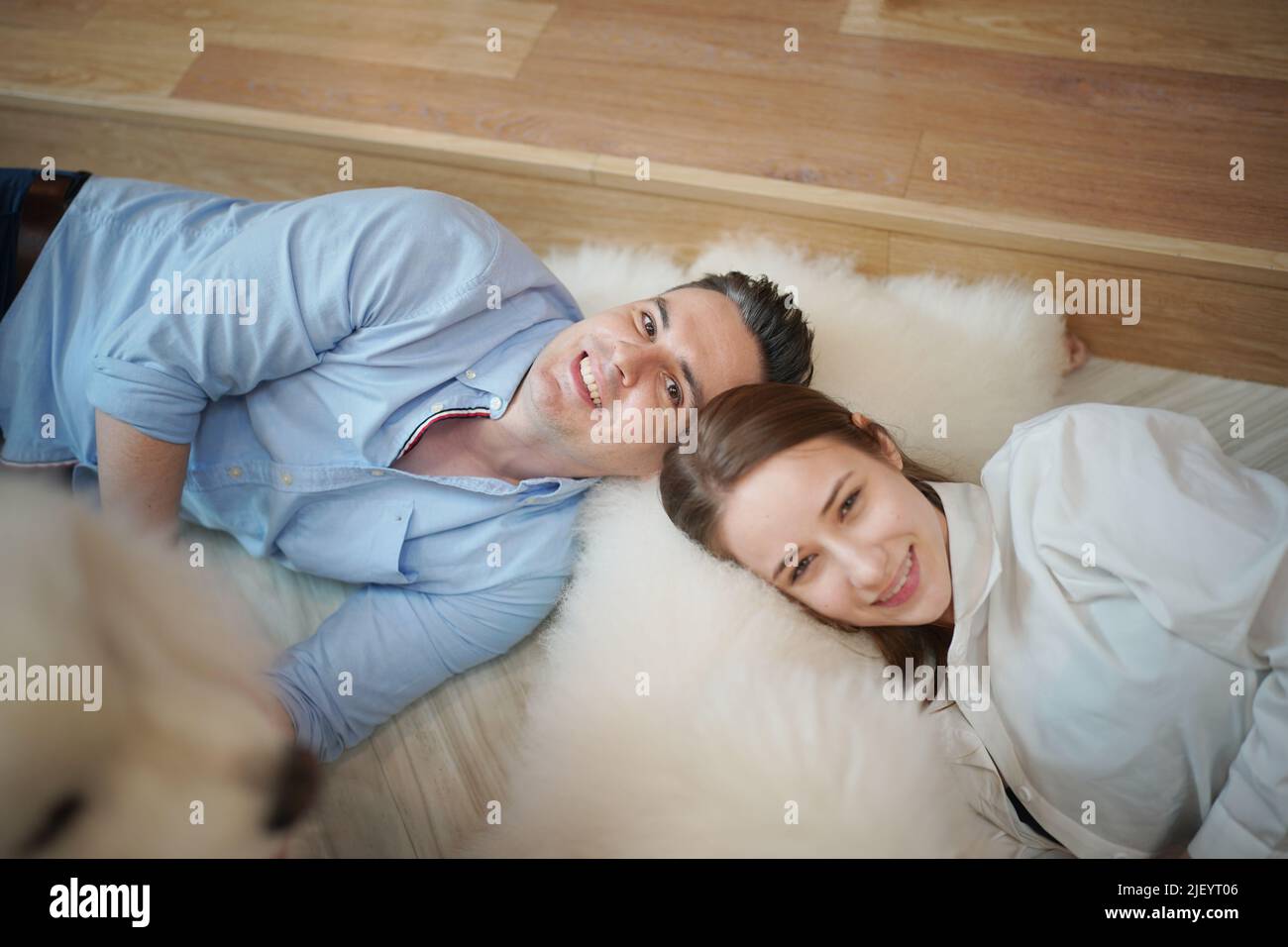 Man and girl with his pet dog playing on the floor. Happy dog, happy guy with dog. Stock Photo