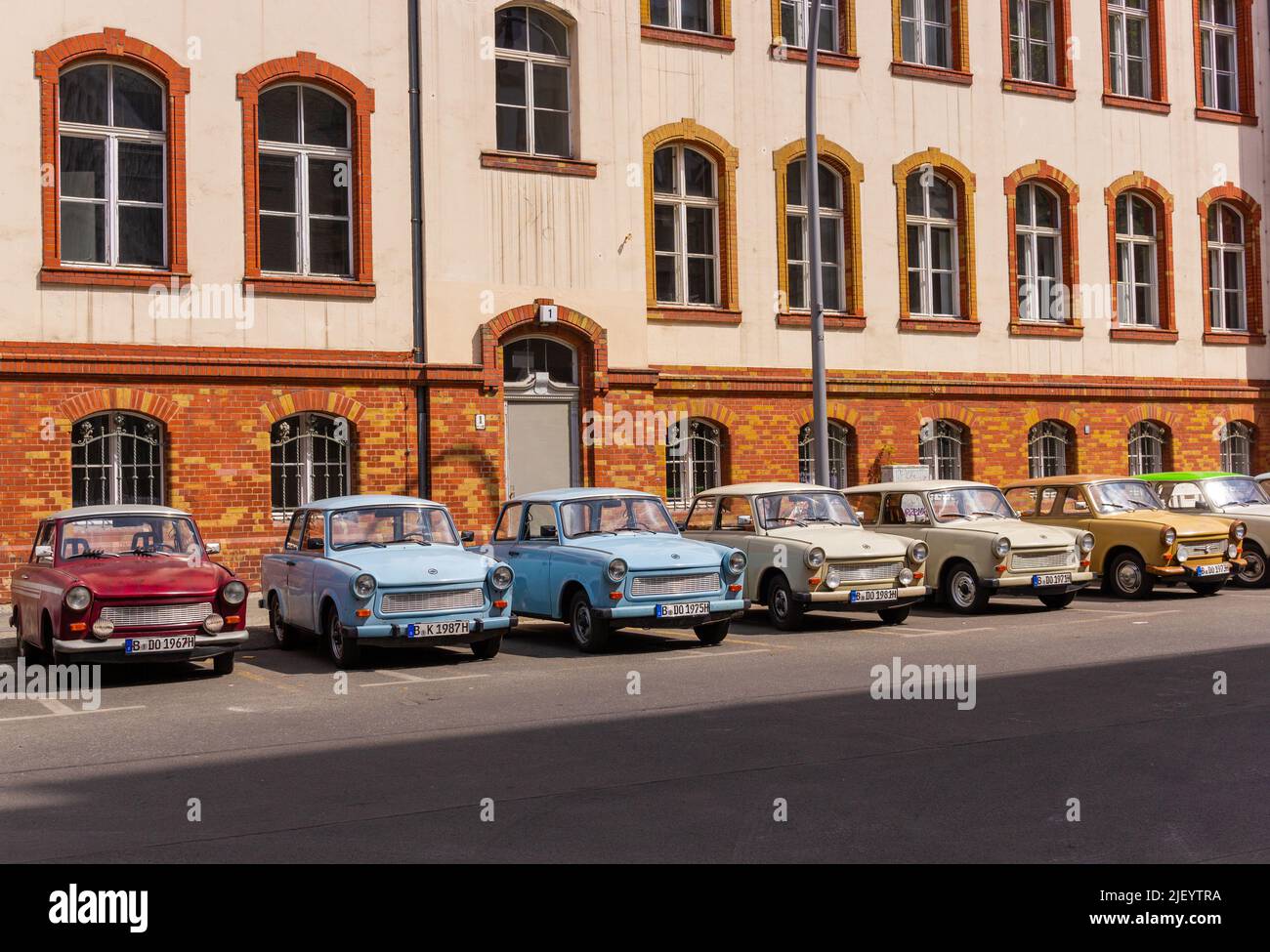 Berlin, Germany May 12, 2022; Different colours old trabant cars in