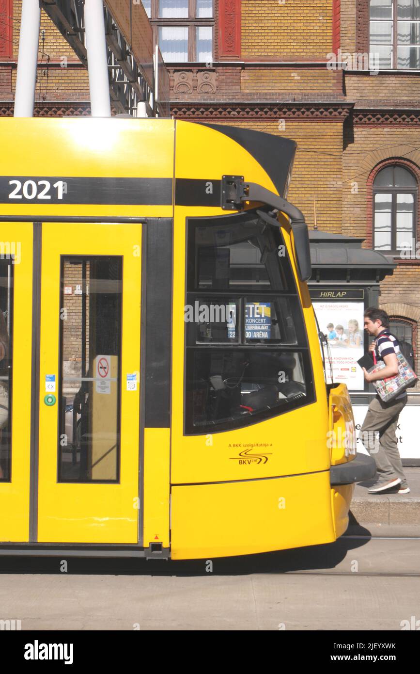 A tram at the tram stop in Blaha Lujza ter, Budapest, Hungary Stock Photo