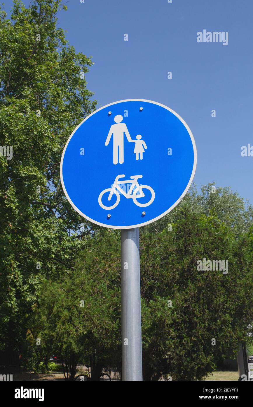 Road sign indicating pedestrian and cycle lanes, Kecskemet, Hungary Stock Photo