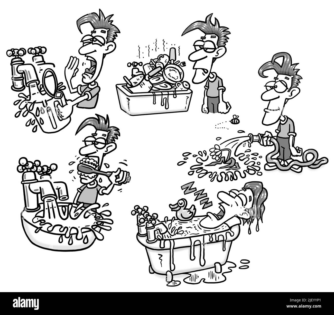 Black & white art cartoon showing water being wasted running taps, using garden hose, taking deep bath, suit educational activity sheet PSA newsletter Stock Photo