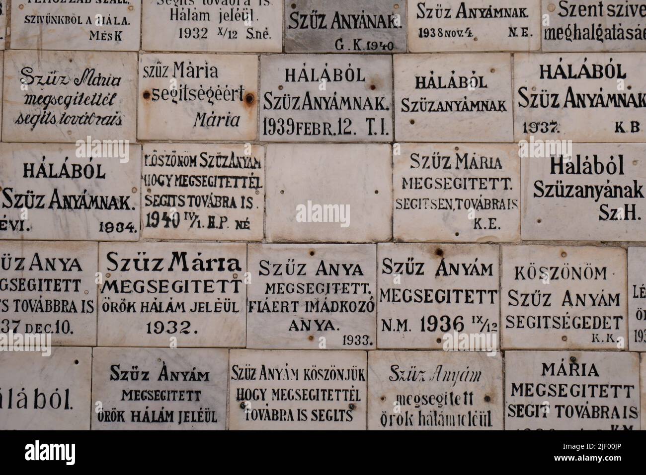 Memorial plaques, St Nicholas Catholic Church,  Szent Miklos templom, Kecskemet, Hungary Stock Photo