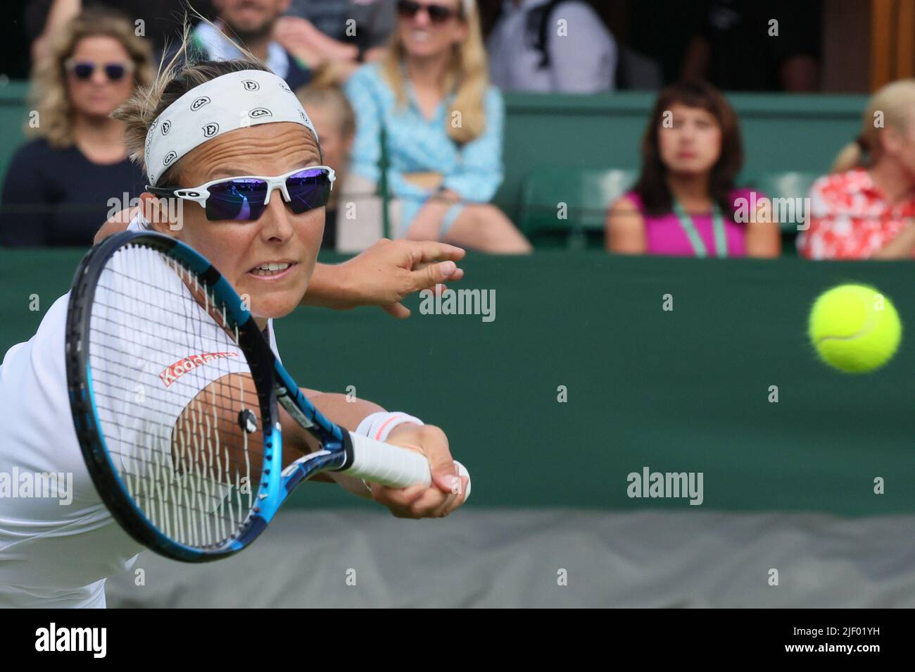 Wimbledon, UK, 28 June 2022, Belgian Kirsten Flipkens pictured in action  during a first round game in the women's singles tournament between Belgian  Flipkens (WTA190) and Australian Fourlis (WTA150) at the 2022