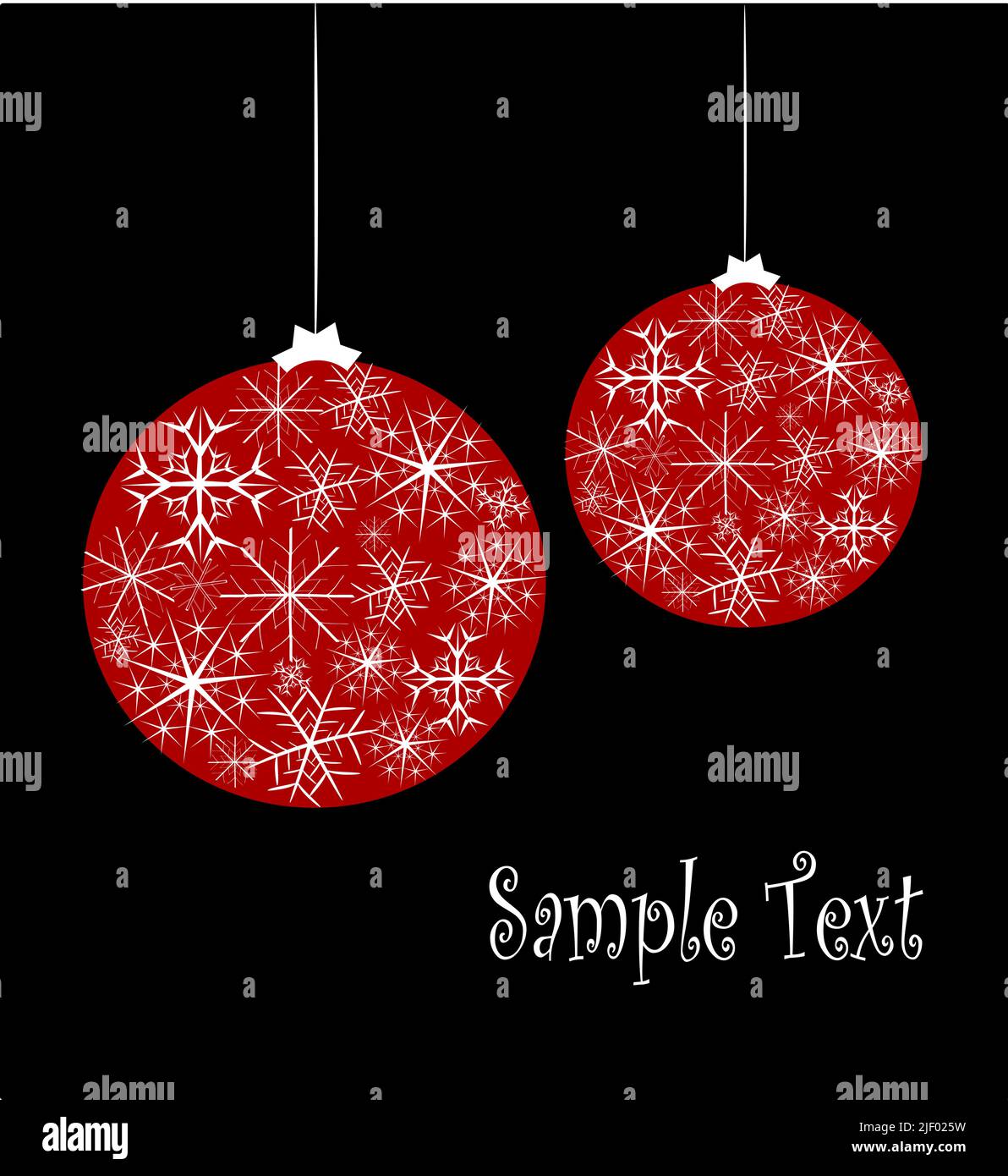 Christmas card with red glass balls with snowflake pattern over black background. Vector illustration with copyspace Stock Vector