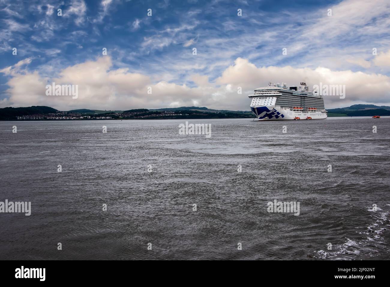 South Queensferry, Scotland - August 14, 2018:  Princess Cruise ship, the Royal Princess, anchored in the River Forth. Stock Photo