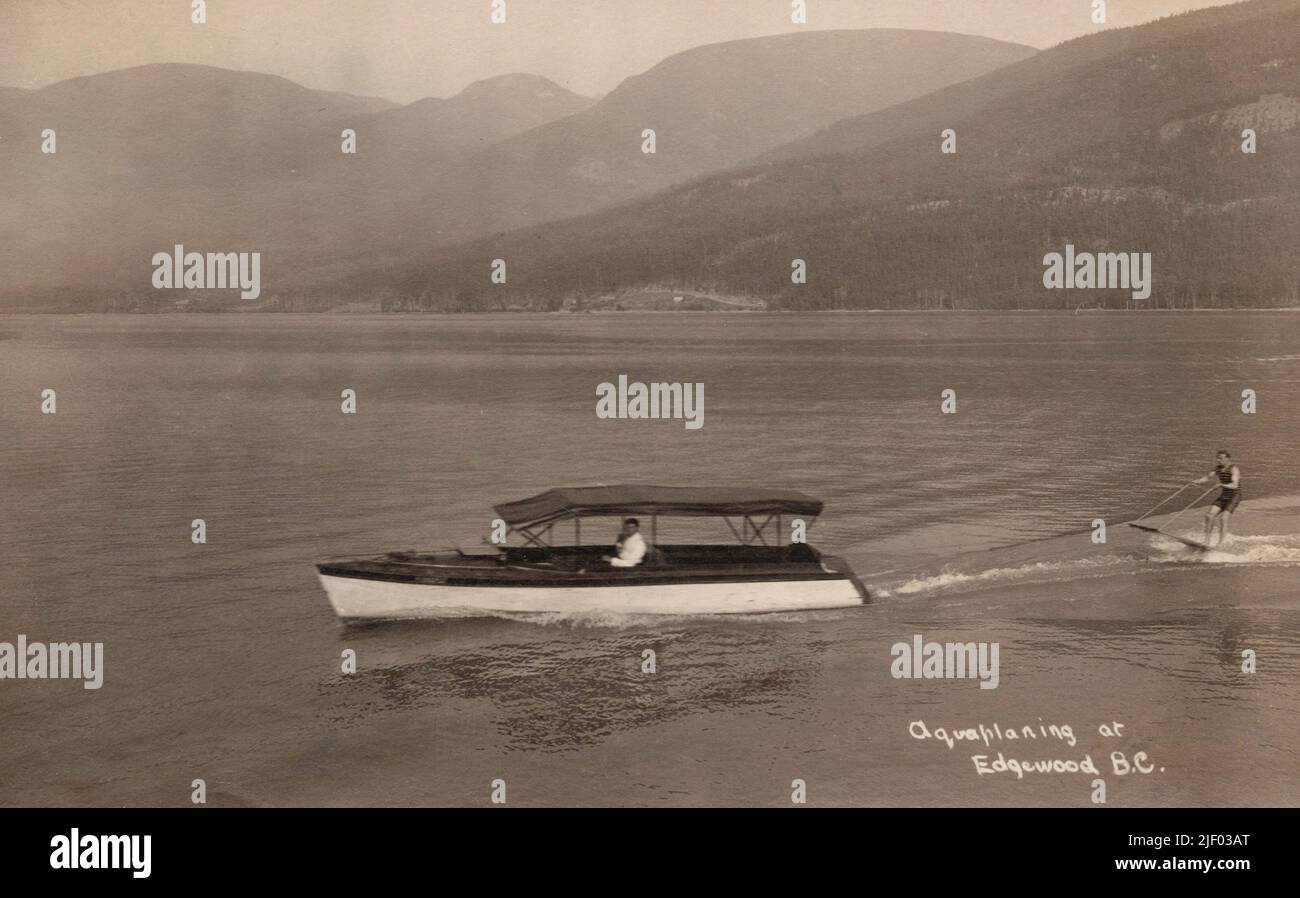 Aquaplaning on Lower Arrow Lake, Edgewood BC Canada, approx 1910-1920's postcard. unidentified photographer Stock Photo