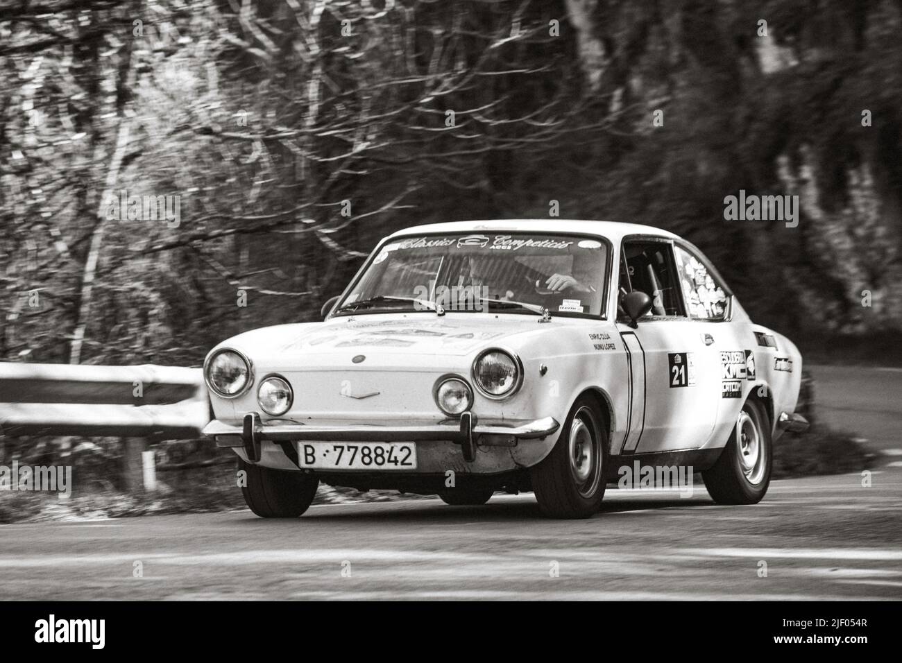Spanish car in the asphalt rally. Seat 850 e sport coupe Stock Photo