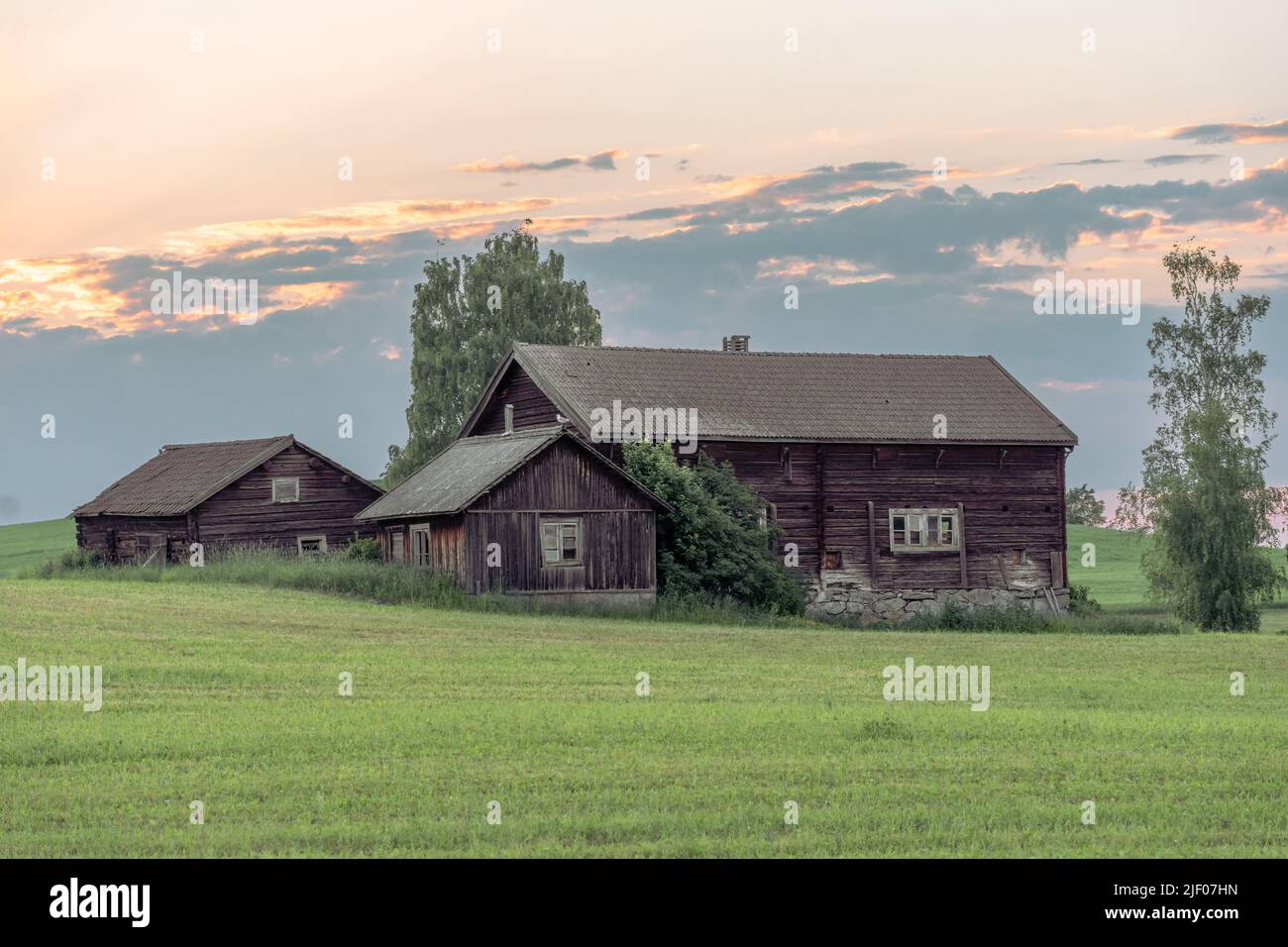 The brown wooden houses in the countryside of Sweden under the twilight ...