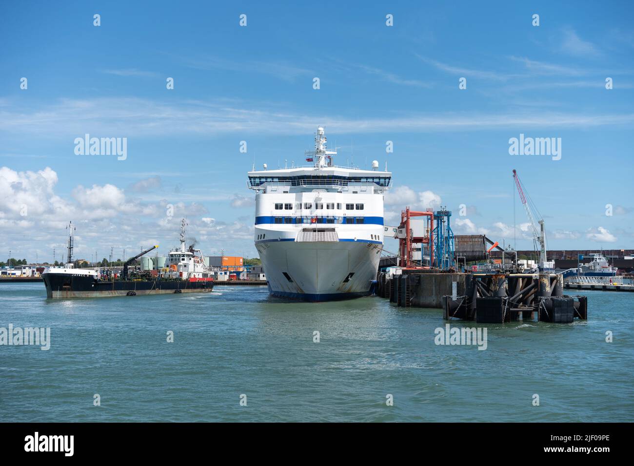 The Normandie, a Brittany Ferries ship loading and unloading at Portsmouth dock. Stock Photo