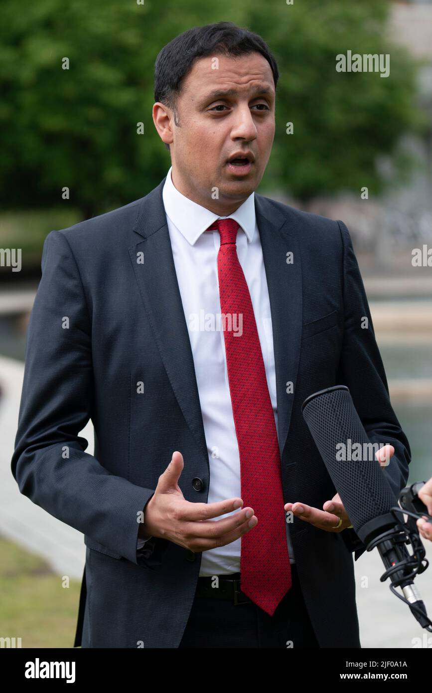 Edinburgh, Scotland, UK. 28 June 2022.  First Minister of Scotland Nicola Sturgeon makes statement to Scottish Parliament outlining her plans to hold another independence referendum in Scotland. Pic; Leader of the Scottish Labour Party, Anas Sarwar talks to media after statement by Nicola Sturgeon. Iain Masterton/Alamy Live News Stock Photo