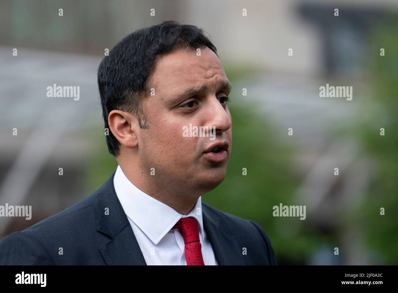 Edinburgh, Scotland, UK. 28 June 2022.  First Minister of Scotland Nicola Sturgeon makes statement to Scottish Parliament outlining her plans to hold another independence referendum in Scotland. Pic; Leader of the Scottish Labour Party, Anas Sarwar talks to media after statement by Nicola Sturgeon. Iain Masterton/Alamy Live News Stock Photo