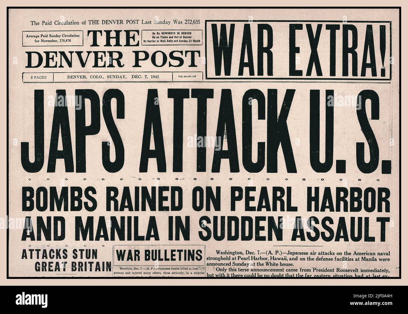 PEARL HARBOR Dec 7th 1941  Newspaper headline 'War Extra! JAPS ATTACK U.S. Bombs rained on Pearl Harbor and Manila in sudden assault' The Denver Post Front Page 'Splash' headline which brought America into The Second World War WW2 Stock Photo