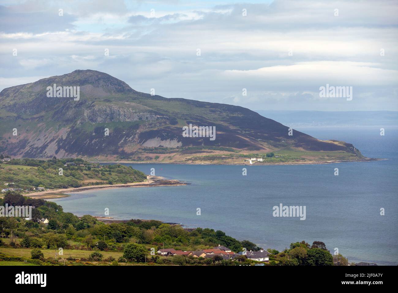 Looking across to Whiting Bay and Holy Island from the Giants Graves on the Island of Arran, Scotland Stock Photo